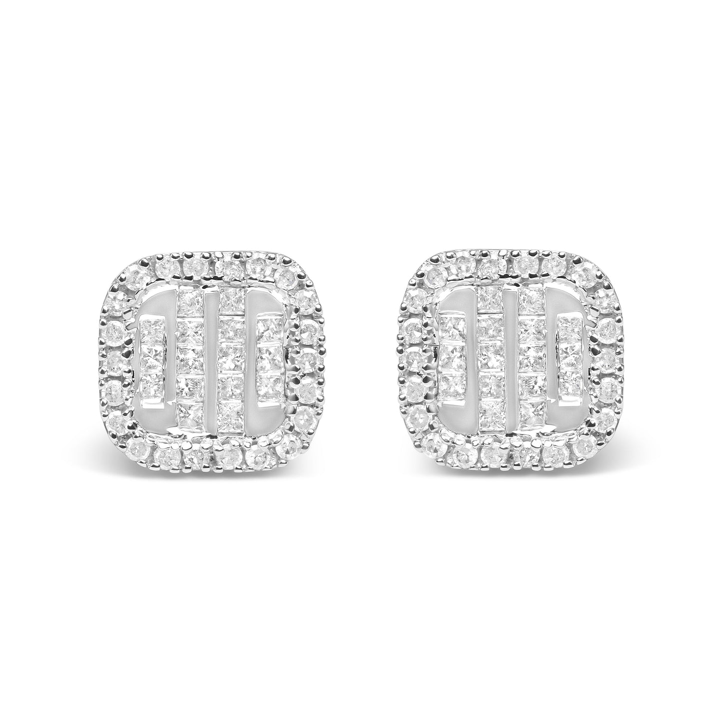 10K White Gold 7/8 Cttw Diamond Princess Composite and Halo Stud Earrings (I-J Color, I1-I2 Clarity)