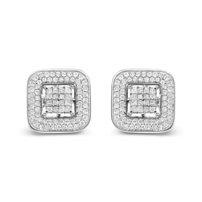 10K White Gold 1.0 Cttw Round and Princess Cut Diamond Composite Open Halo Stud Earrings (H-I Color, SI1-SI2 Clarity)