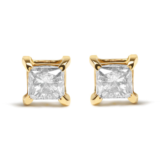 Clous d'oreilles classiques à poussoir 4 griffes en argent sterling .925 plaqué or jaune 10K, avec diamants taille princesse de 5/8 Cttw (couleur J-K, pureté I2-I3)