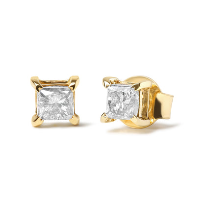 10K Yellow Plated .925 Sterling Silver 5/8 Cttw Princess Cut Diamond Push-Back 4-Prong Classic Stud  (J-K Color, I2-I3 Clarity)