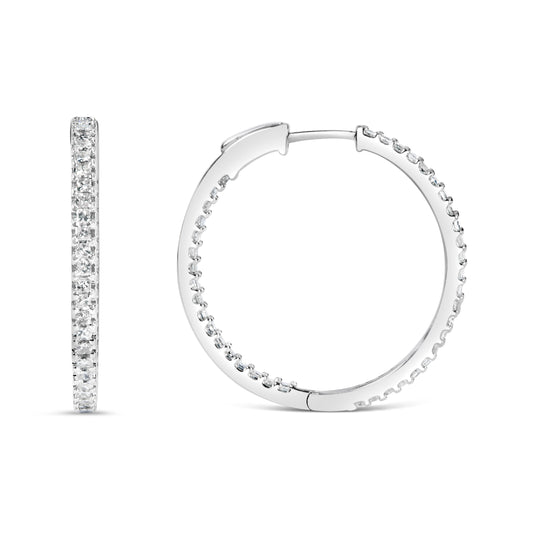 Boucles d'oreilles créoles réversibles en or blanc 14 carats avec diamants princesse 1,0 carat (couleur H-I, pureté I1-I2) - 23 MM