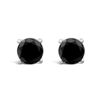 14K White Gold 2.00 Cttw Round Brilliant-Cut Black Diamond Classic 4-Prong Stud Earrings with Screw Backs (Fancy Color-Enhanced, I2-I3 Clarity)