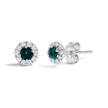 .925 Sterling Silver 1/3 Cttw White and Blue Diamond Halo Stud Earring