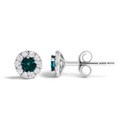 .925 Sterling Silver 1/3 Cttw White and Blue Diamond Halo Stud Earring
