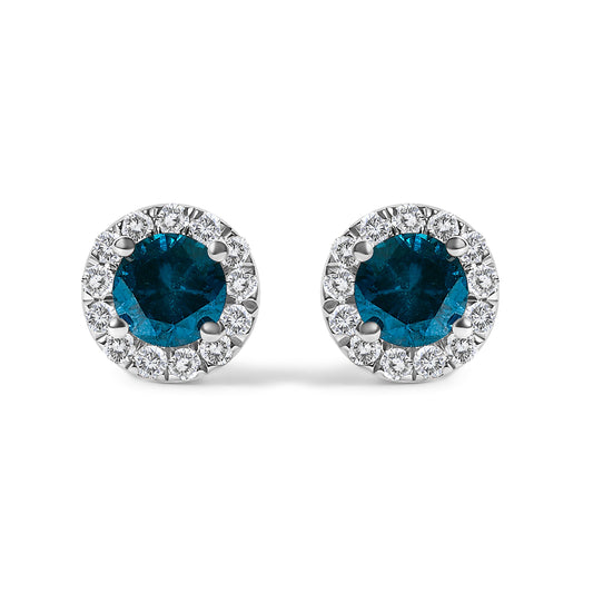 .925 Sterling Silver 1.00 Cttw Blue Diamond Halo Stud Earring