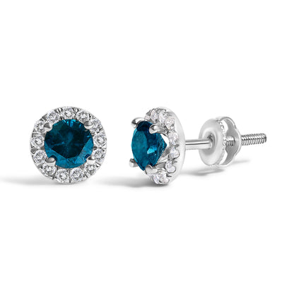 .925 Sterling Silver 1.00 Cttw Blue Diamond Halo Stud Earring