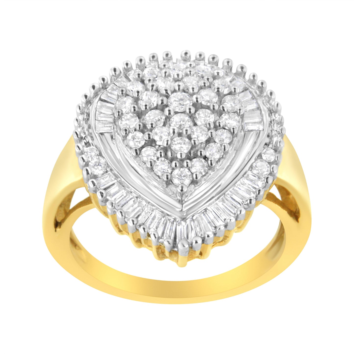 10K Yellow Gold 1.0 Cttw Round and Baguette Cut Diamond Oval Shaped Cluster Ring (I-J Color, I1-I2 Clarity) - Size 7