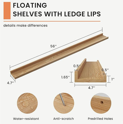 Solid Ash Wood Picture Ledge Shelf, Floating Shelves Set of 2, 56 Inch Long Large Ledge Shelves, Nursery Book Shelves Wall Mounted for Living Room Bedroom Kitchen Decor Kids Bookshelf, Natural