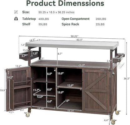 Farmhouse Solid Wood Grill Table with Stainless Steel Top, Outdoor Rolling Bar Cart & Storage Cabinet with Spice & Towel Rack, Outdoor Kitchen Island with Internal Storage Rack, Dark Brown