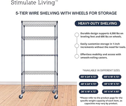 36"x18"x72" Prime Heavy Duty Black 5-Tier Wire Shelving NSF 4000 LBS MAX Capacity Storage Rack for Commercial, Hospital, School, Garage, and Kitchen Uses (with Wheels)