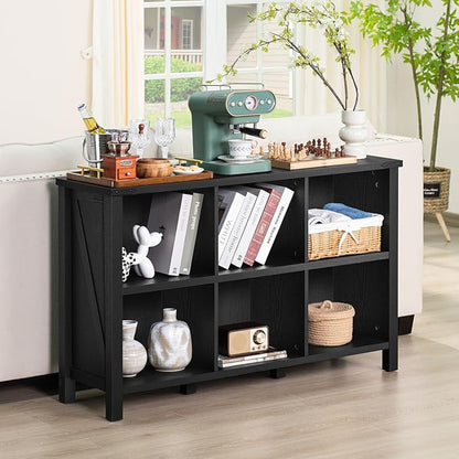 6 Cube Bookcase, Farmhouse Wood Low Storage Organizer Book Shelf, Black 47" Horizontal Console Bookshelf with Legs, Hallway Book Case for Entryway, Display Cabinet for Living Room, Office