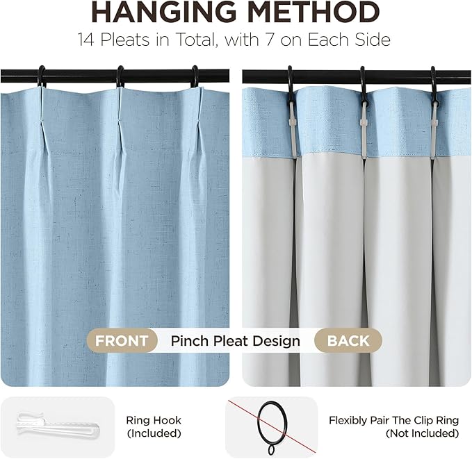 Joydeco 100% Blackout Pleated Curtains, Linen Window Curtains 2 Panel Sets 108 inches Long, Thermal Insulated Darkening Drapes for Bedroom(Chambray Blue,40'' Wx108'' L)