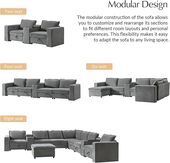 HULALA HOME 148" Modular Sectional Sofa with USB Port and Console, 4 Seater Sofa with Storage Ottoman, Oversized Sectional Couches for Living Room, FSC Certified, Grey