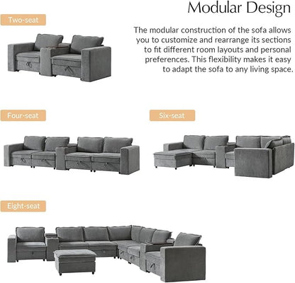 HULALA HOME 148" Modular Sectional Sofa with USB Port and Console, 4 Seater Sofa with Storage Ottoman, Oversized Sectional Couches for Living Room, FSC Certified, Grey