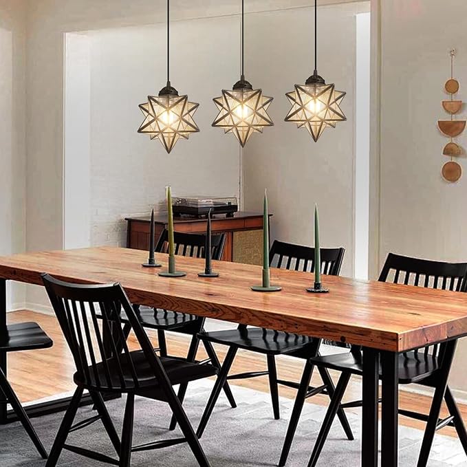 Farmhouse Modern Glam Chandelier Dining Room Clear Glass Star Pendants Light Fixture Kitchen Island LED Ceiling Hanging Lights Included Warm Light Bulbs Black