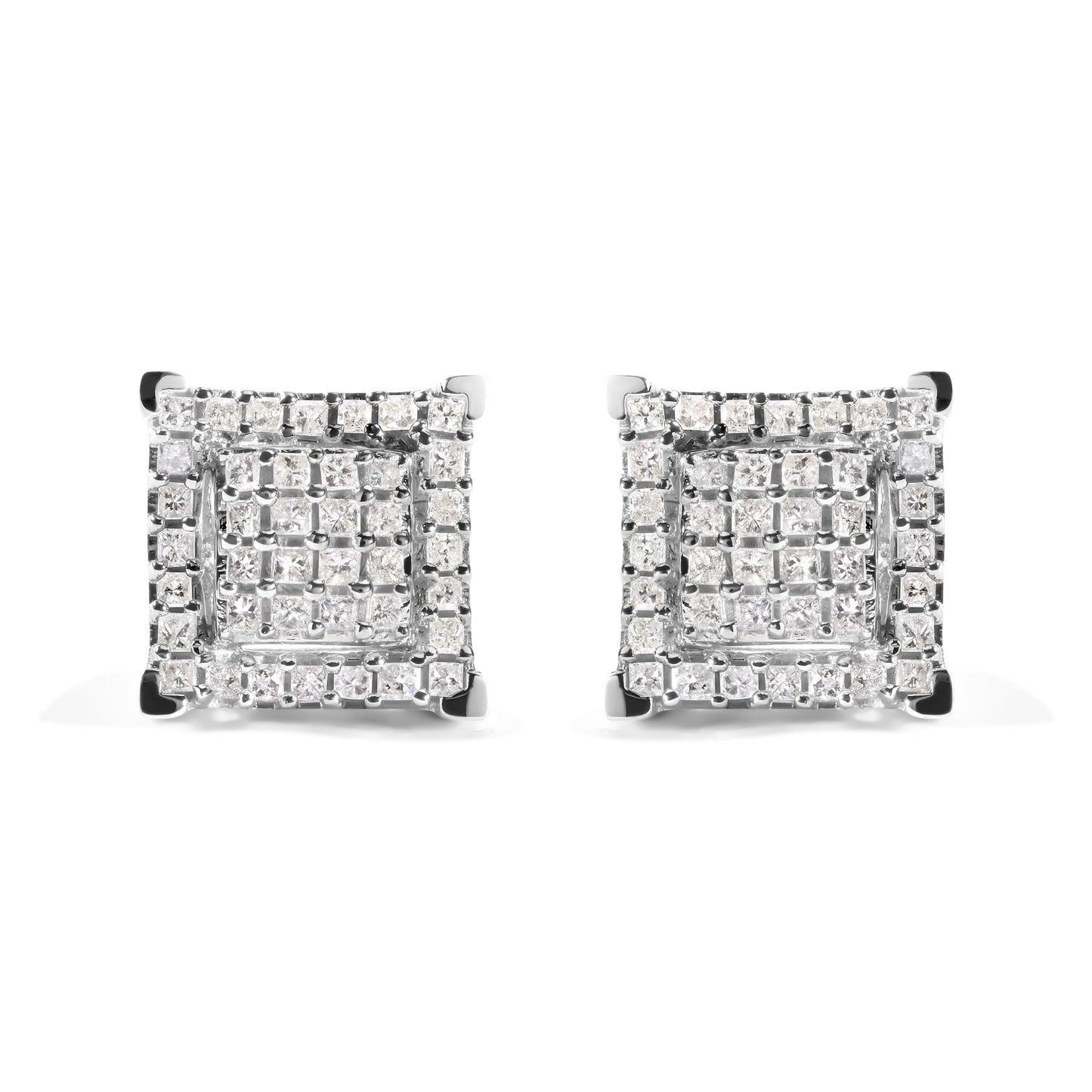 10K White Gold 1 1/4 Cttw Princess Diamond Composite Double Square and Halo Stud Earrings (I-J Color, I1-I2 Clarity)