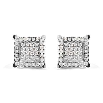 10K White Gold 1 1/4 Cttw Princess Diamond Composite Double Square and Halo Stud Earrings (I-J Color, I1-I2 Clarity)
