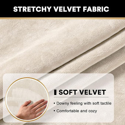 PrinceDeco Stretch Sofa Cushion Covers for Couches and Sofas,Soft Velvet Couch Seat Covers, Sofa Covers Washable, Seat Cushion Cover for 3 Couch Sofa Pet Friendly - Ivory, Each Width Up to 29.5"