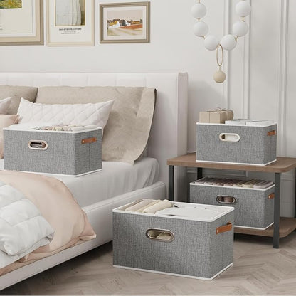 Yawinhe Fabric Storage Bins with Handles, Foldable Baskets for Shelves, Cubes with 3 Handles, Large Boxes for Clothes, Grey, 16.9''Lx11.8''Wx10.2''H, 6-Pack