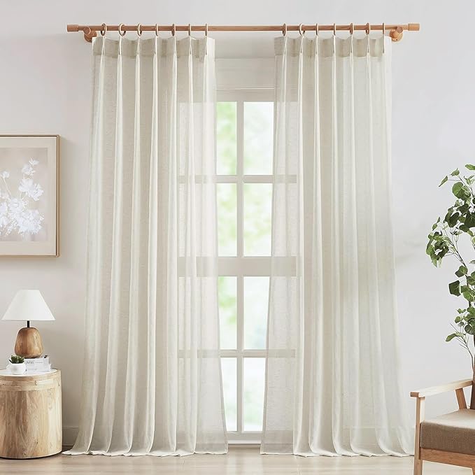 FMFUNCTEX Linen Sheer Pinch Pleated Curtains for Living Room, Linen Flax Beige 84 Inches Long Sheer Curtain See Through Panels for Bedroom, Natural Window Drapes for Farmhouse, Rod Pocket 2 Panels