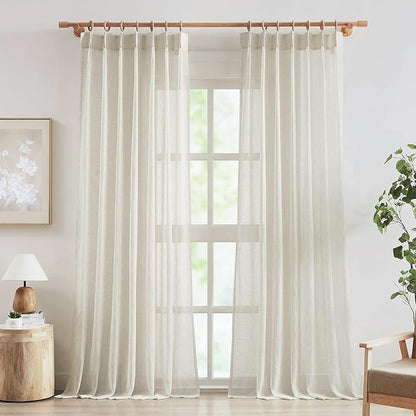 FMFUNCTEX Linen Sheer Pinch Pleated Curtains for Living Room, Linen Flax Beige 84 Inches Long Sheer Curtain See Through Panels for Bedroom, Natural Window Drapes for Farmhouse, Rod Pocket 2 Panels