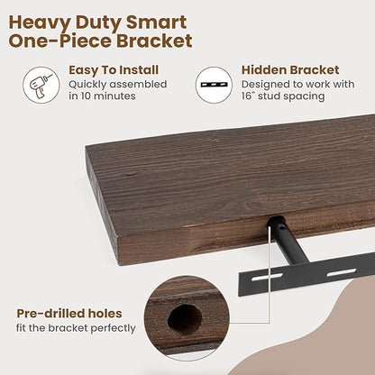 Floating Shelves for Wall Decor, Rustic Solid Elm Wood Floating Shelves Wall Mounted, Wall Shelves with Invisible Bracket for Living Room Bathroom Bedroom Kitchen, 72 Inch, Walnut