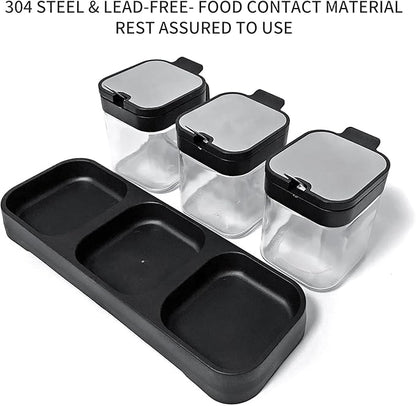 XIUDI Glass Spice Jars(3 piecesset)，Seasoning Containers with 304 Stainless Steel Lids and Spoons，Clear Glass Condiment Canisters Pots Seasoning Box Salt Container Sugar Bowl，for Kitchen,