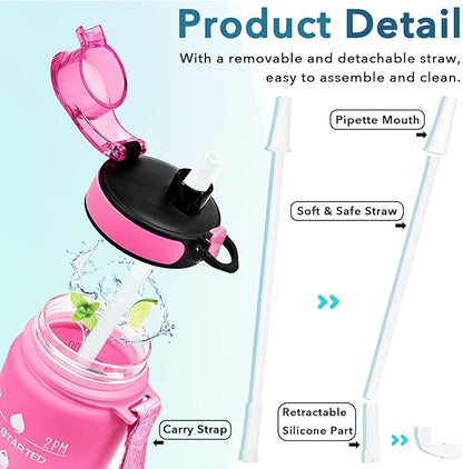 Enerbone Water Bottle, Leakproof BPA & Toxic Free, Motivational Water Bottle with Times to Drink and Straw, Fitness Sports Water Bottle with Strap for Office, Gym, Outdoor Sports