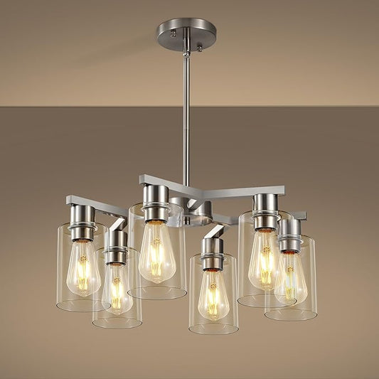 6-Light Farmhouse Brushed Nickel Chandelier,Modern Chandeliers for Dining Room Light Fixture Over Table,Adjustable Hanging Industrial Rustic Pendant Lights Kitchen Island Light with Clear Glass Shade