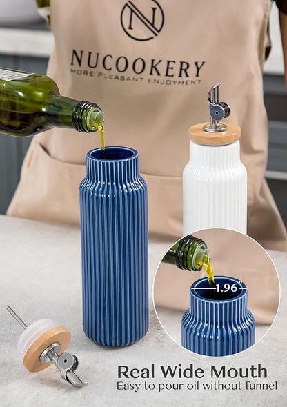 Nucookery Ceramic Olive Oil Dispenser Bottle for Kitchen, 14 oz Opaque Vinegar Dispenser Bottle, Large Capacity Cooking Oil Container for Storage Vinegar, Soy Sauce, Coffee Syrup, Blue
