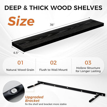 Fun Memories 36Inch Floating Shelves for Wall 2 Pack Wood Shelves for Kitchen, Bathroom, Bedroom Wall Mounted Rustic Wood Floating Shelf with Invisible Brackets for Books, Storage, Decor, Black