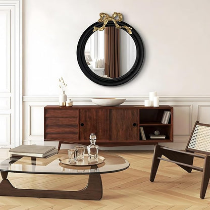 25x25 inch Bow Antique Round Mirror for Wall, Gold & Black Decorative Wall-Mounted Circle Mirror, Perfect for Bedroom, Hallway, Living Room Décor, and Bathroom Vanity