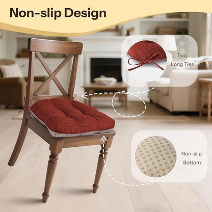 Non Slip Chair Cushions for Dining Chairs Set of 4 Kitchen Chair Cushions 18"x18"x3" Turfted Chair Pads Comfortable and Soft Seat Cushion with Ties, Rust