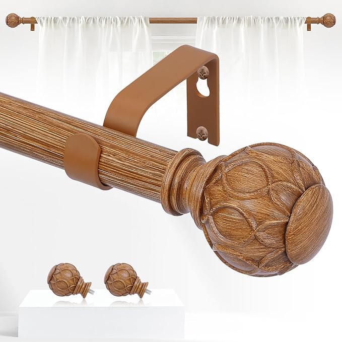 Wood Curtain Rods for Windows 28 to 48 Inch(2.3-4Ft),1 Inch Adjustable Curtain Rod,Heavy Duty Curtain Rods,Wooden Netted Texture Finial Drapery Rods,Single Window Curtain Rod 18-45",Brown Wood