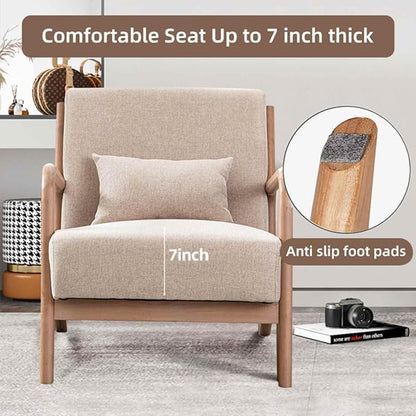 INZOY Mid Century Modern Accent Chair with Wood Frame, Upholstered Living Room Chairs with Waist Cushion, Reading Armchair for Bedroom Sunroom (Beige)