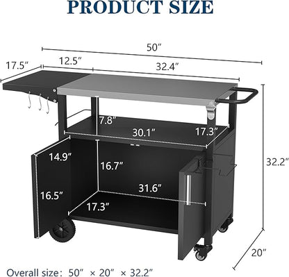 JY QAQA Outdoor Grill Cart with Storage,Patio Kitchen Island Outdoor Grill Table with Wheels,BBQ Cart Movable Pizza Oven Table Stand, Storage Cabinet, Foldable Tabletop, Black
