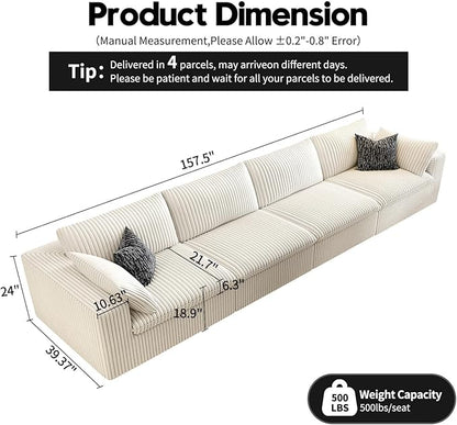 157.5" Cloud Couch Modular Sectional Sofa for Living Room,Modern Sofa with Deep Seat，4 Seater Boneless Couch,Comfy Upholstered Corduroy Couches for Apartment, Studio, Office,Bedroom，White