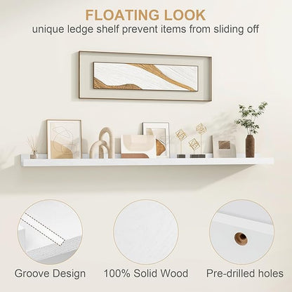 Floating Picture Ledge Shelves 36 Inch Solid Oak Wood Set of 2, Rustic Wall Storage Shelves with Lip, Kids Bookshelf, Photo & Picture Ledge Shelves for Bedroom, Living Room, Kitchen