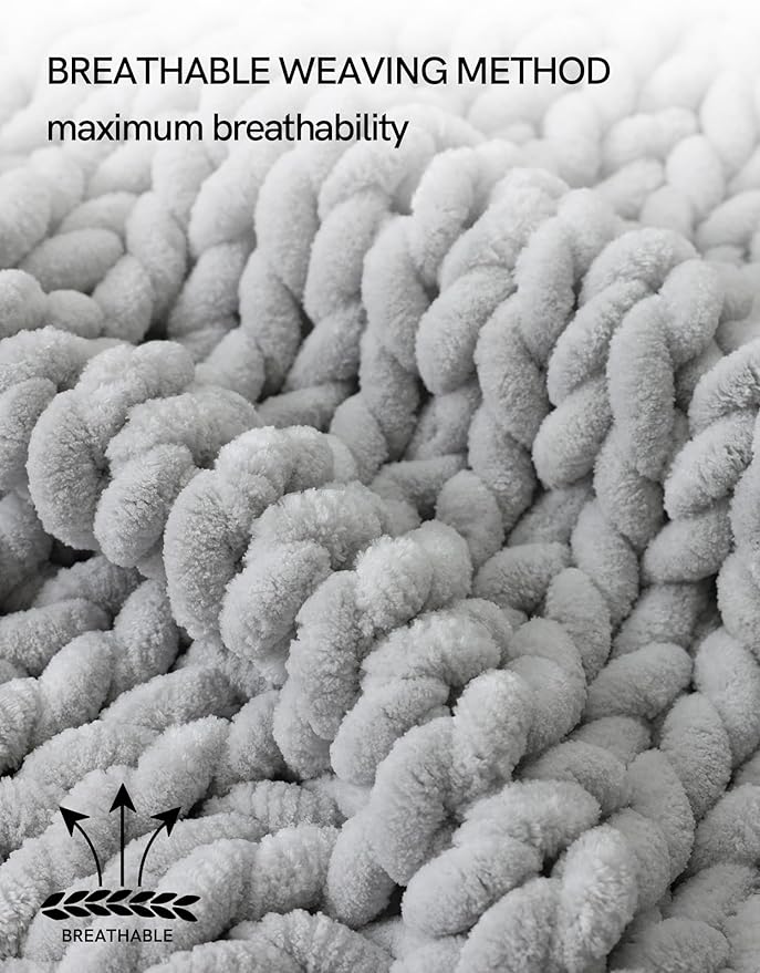 YnM Chunky Throw Blanket, Hand Knitted with Chenille Yarn, Skin Friendly, Ventilated and Breathable, Machine Washable, Home Décor Piece for Couch, Sofa and Bed (Glacier Grey, 30x40 Inch)