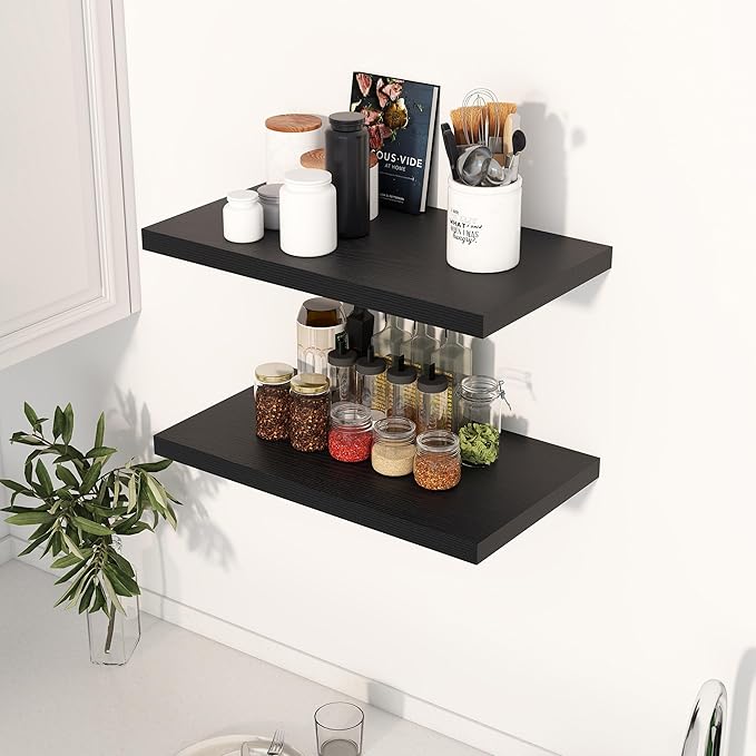 24" Floating Shelves for Wall, 12" Deep Slim Black Floating Shelves, Wall-Mounted Shelves for Bedroom, Living Room, Kitchen, Bathroom - Set of 2