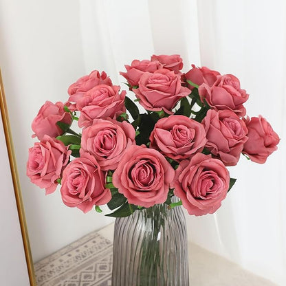 Pink Fake Roses Artificial Flowers - 16 Pcs Fake Artificial Roses Silk Flowers with Stems for Home Wedding Hotel Office Centerpiece Decor（Coral Pink）