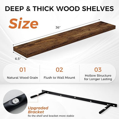 36Inch Floating Shelves for Wall 2 Pack Wood Shelves for Kitchen, Bathroom, Bedroom Wall Mounted Rustic Wood Floating Shelf with Invisible Brackets for Books, Storage, Decor, Rustic Brown
