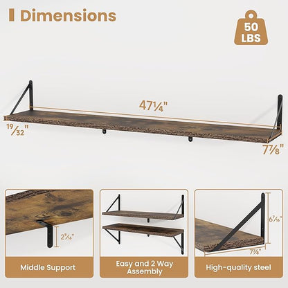 Heimlove 48 Inch Large Floating Bookshelves Set of 3,Rustic Brown Wood Wall Mounted Bookshelves,Heavy Duty Shelves for Living Room,Bedroom,Kitchen,Laundry Room Storage & Decor