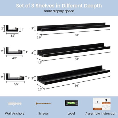 Picture Ledge Wall Shelves - 36 Inch Width Set of 3, Solid Pine Wood Rustic Floating Ledge Shelves for Kids' Room, Bedroom, Kitchen, Bathroom, Living Room, Nursery Display Wall Decor, Black