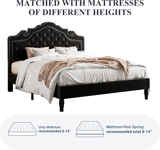 Allewie Full Size Bed Frame with Adjustable Velvet Tiara Headboard, Upholstered Diamond Button Tufted Platform Bed, Wood Slats Support, No Box Spring Needed, Black