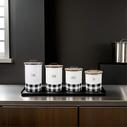 Young's Inc. 4 Pcs Set Plaid with Bamboo Lids Ceramic Canisters- Storage Container for Kitchen and Bathroom - Beautiful Home Decor Accent to Store Food, Coffee, Tea, and More - Black, White