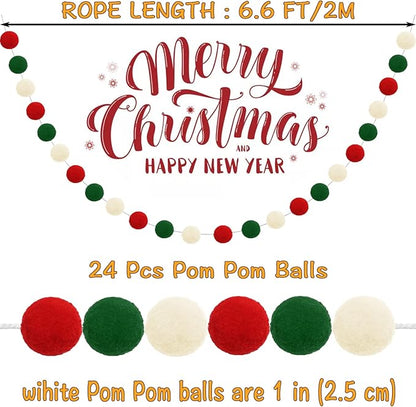 Jishi Christmas Pom Pom Garland Christmas Decorations for Tree Indoor Home Room Decor 3pk Cute Hanging Felt Ball Red White Green Pompom Bead Ornament String Banner Garland Xmas Birthday Party Supplies