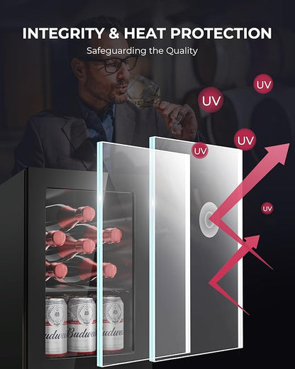6 Bottles and 6 Cans Compact Beverage Refrigerator, Freestanding Mini Fridge with Temperature Control for Beer Wine, Under Counter Small Refrigerator Adjustable Shelve & Glass Door for Home and Bar