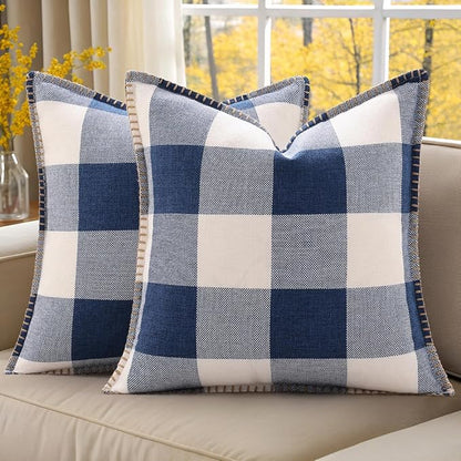 decorUhome Buffalo Plaid Check Throw Pillow Covers 24x24 Set of 2, Outdoor Decorative Farmhouse Neutral Pillow Covers with Stitched Edge for Bed Couch Sofa, Navy Blue and White
