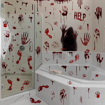Halloween Bloody Handprint Footprint Window Stickers Wall Stickers for Halloween Party Decorations Inside Outside Decor Come with Plastic Scraper Tools